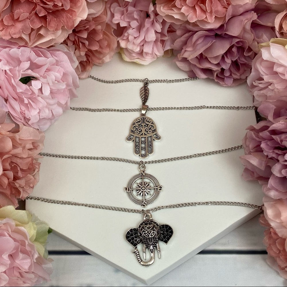 Boho Silver Leaf Hamsa Compass Elephant Necklace - Picture 6 of 15